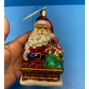 Old World Christmas Glass Santa Roof Top Visitor Ornament With Tag 2013